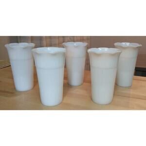 FIVE 1940's Vintage Milk Glass Flower Vases Ribbed Sides Fluted Rim,Cottage Chic